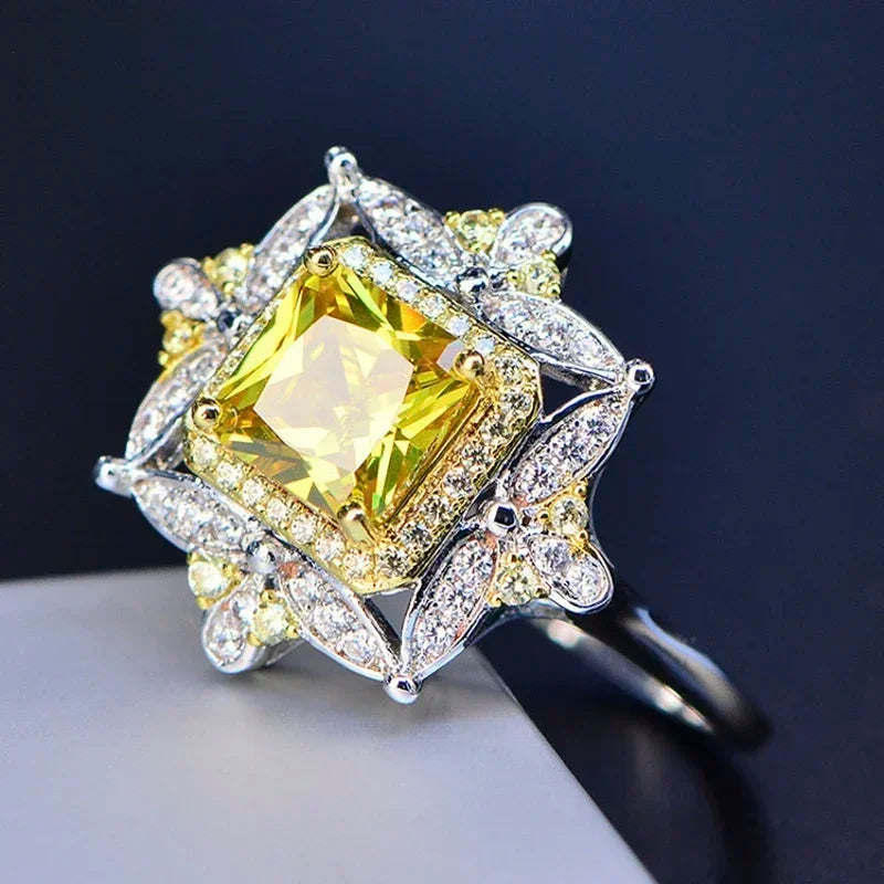 Champagne Crystal Statement Ring - Designer Square Cut Engagement Ring