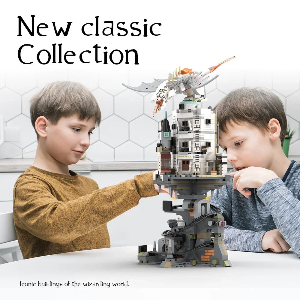 Harry Potter Gringotts Bank Building Blocks MOC JD026 Dragon Magic World Modular Model Architecture Bricks Toy For Kid Gift