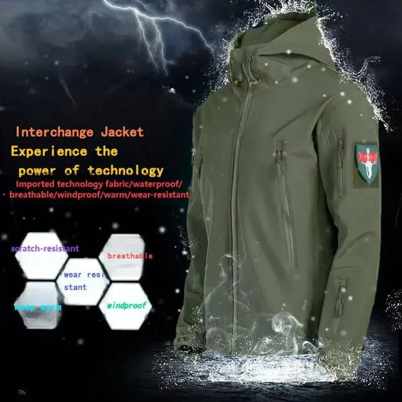 5XL 6XL Tactical Soft Shell Hooded Fleece Men Winter Windproof Waterproof Warm Coats Outdoor Multi-pocket Jacket