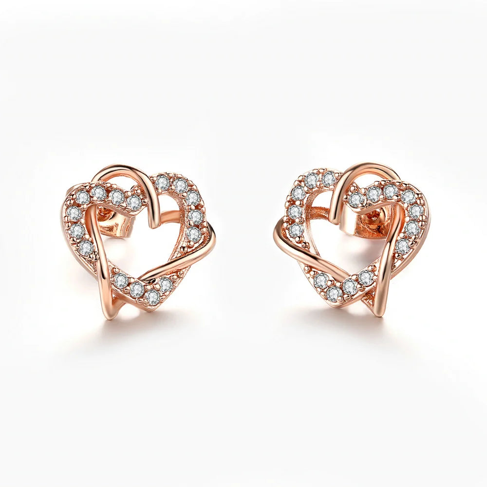Premium Love Heart Intertwined Stud Earrings - Rose Gold Crystal Jewelry