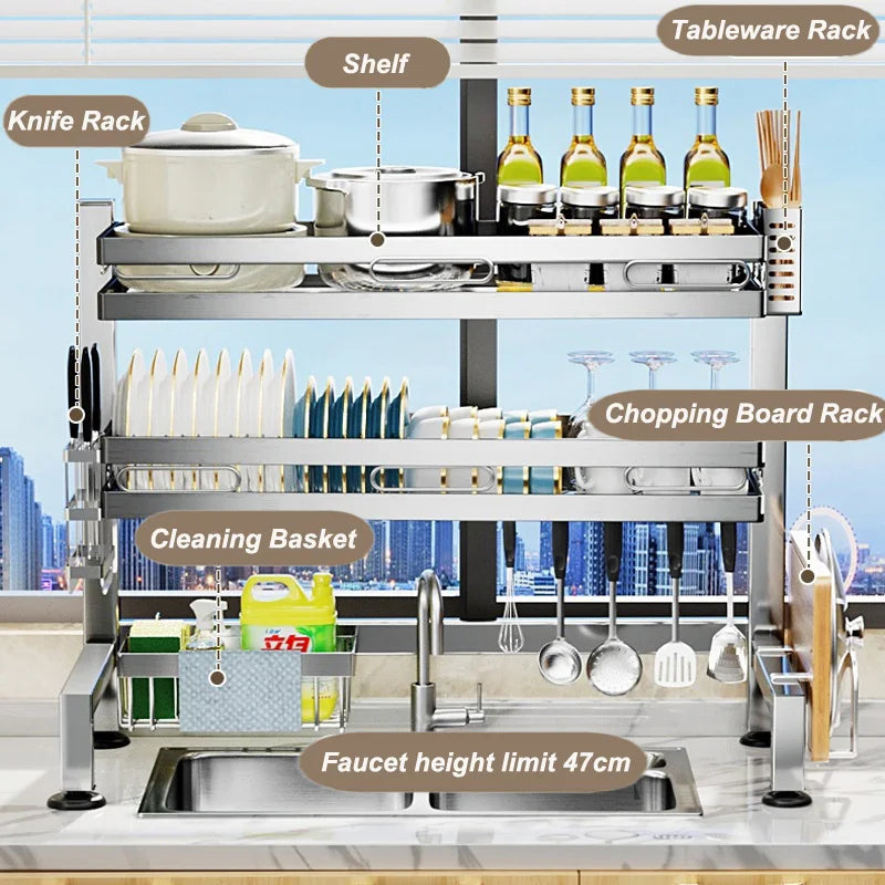 Stainless Steel Kitchen Sink Organizer Rack - Over Sink Dish Drying Rack with Cutlery Holder