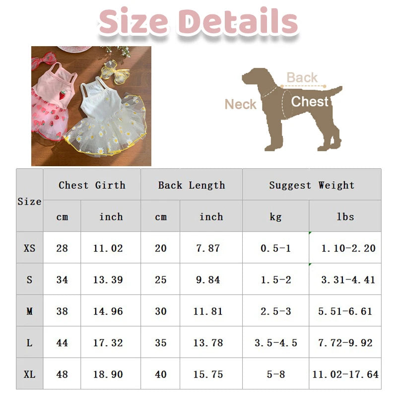 Premium Dog Dress - Strawberry Daisy Princess Skirt for Small Dogs
