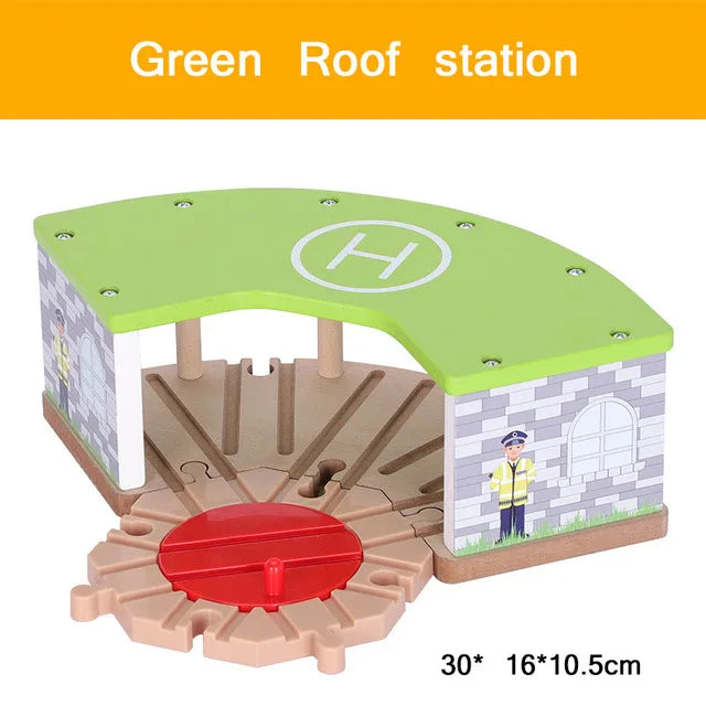 Wooden Train Tracks Scene Accessories Wooden Double Platform Gas Station Airplane Airport Educational DIY Toys For Children