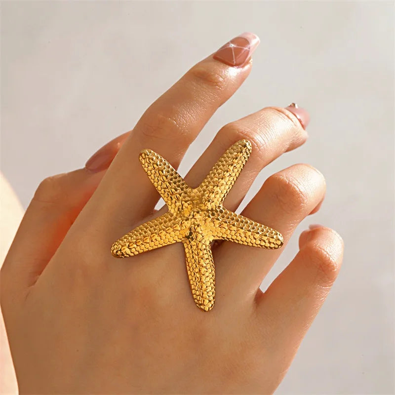 EILIECK 316L Stainless Steel Enamel Starfish Shells Open Adjustable Ring for Women Waterproof Chic Beach Summer Ring Jewelry