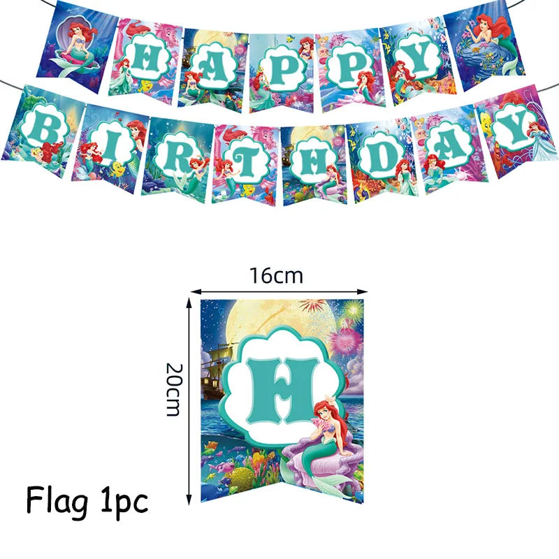 Disney Little Mermaid Theme Girl Kids First Birthday Party Decoration Disposable Tableware Plate Napkins Banner Ariel Backdrops