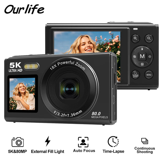 Ourlife Digital Camera Dual Screen 5K 80MP 18X Zoom Portable Camera Autofocus Vintage Vlogging Video Recorder for Photography