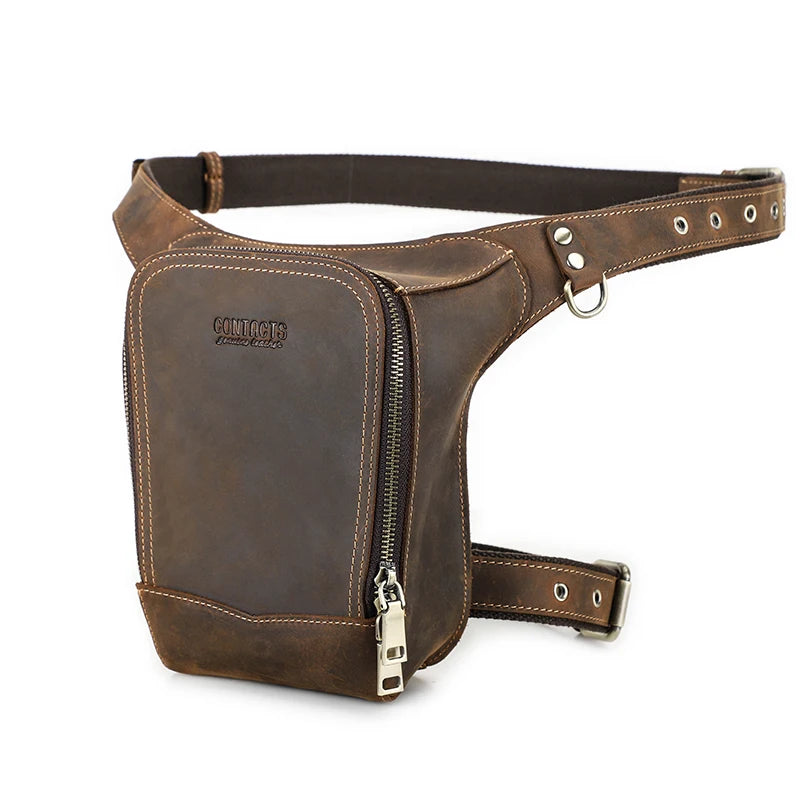 Premium Genuine Leather Motorcycle Leg Bag - Men's Tactical Waist Pack