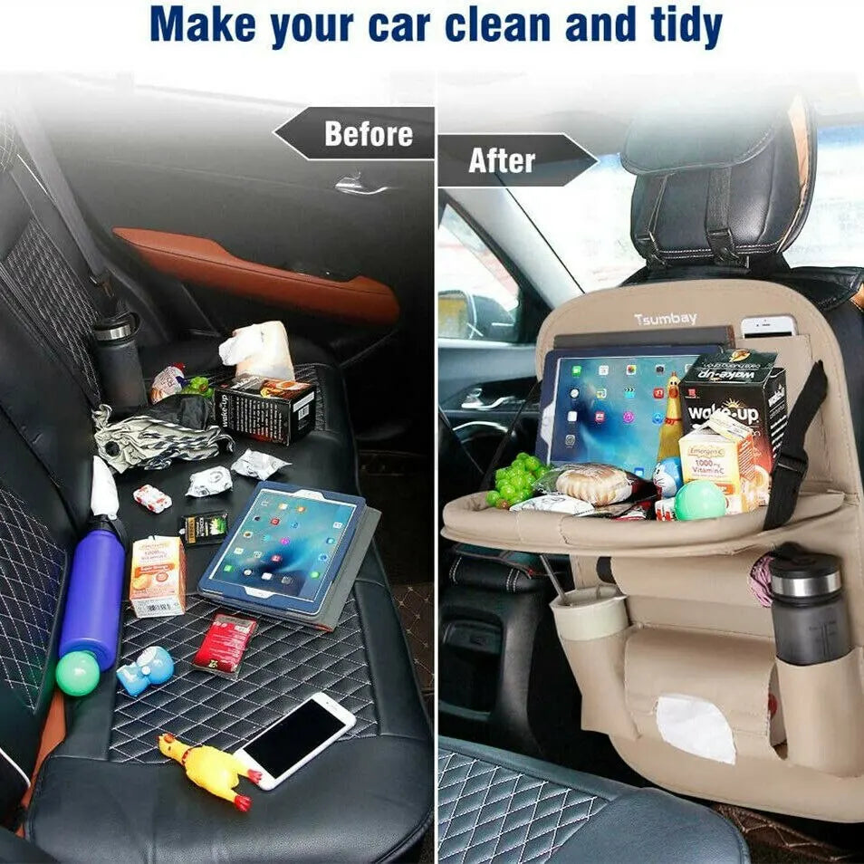 Premium Car Seat Back Organizer - PU Leather with Foldable Table Tray