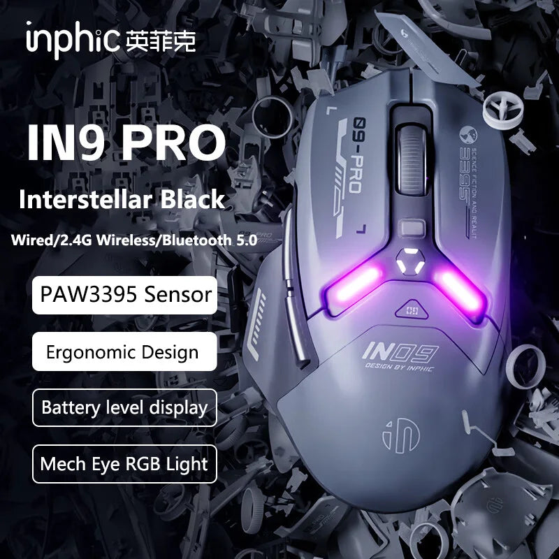 Inphic IN9 PRO PAW3395 RGB Gaming Mouse Rechargeable 26000DPI Support Wired/Bluetooth/2.4G Wireless Mouse