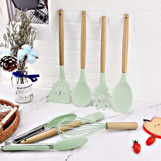 12-Piece Wooden Handle Silicone Kitchen Utensil Set - Non-Stick Cooking Tools