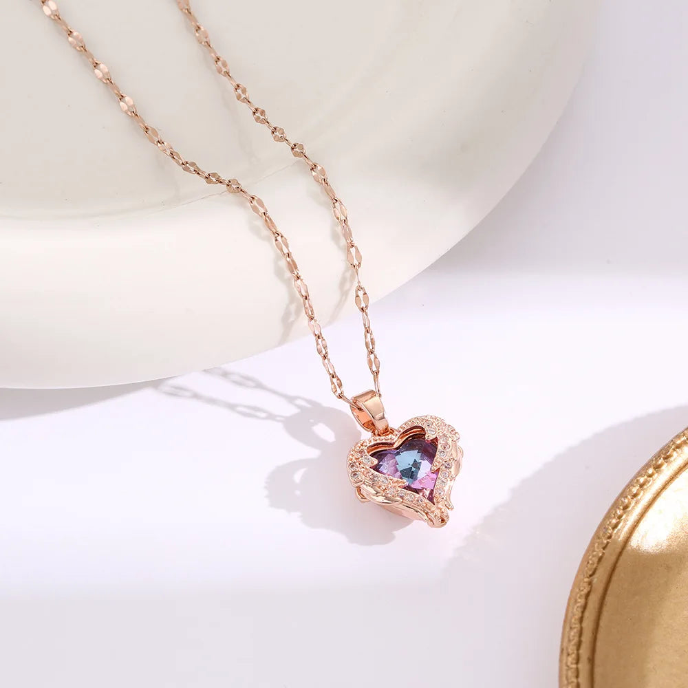 Top Luxury Colorful Crystal Ocean Heart Pendant Necklace For Women Trendy 316L Stainless Steel Jewelry Female Wedding Neck Chain