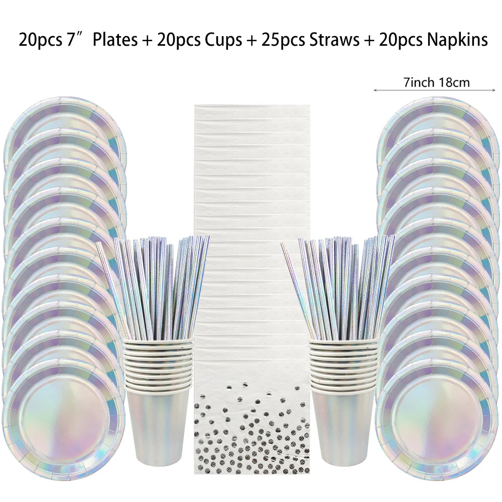 Laser Disposable Tableware Sets Silver Party Paper Cups Paper Plates Straw Party Tableware Wedding Decor Birthday Party Supplies
