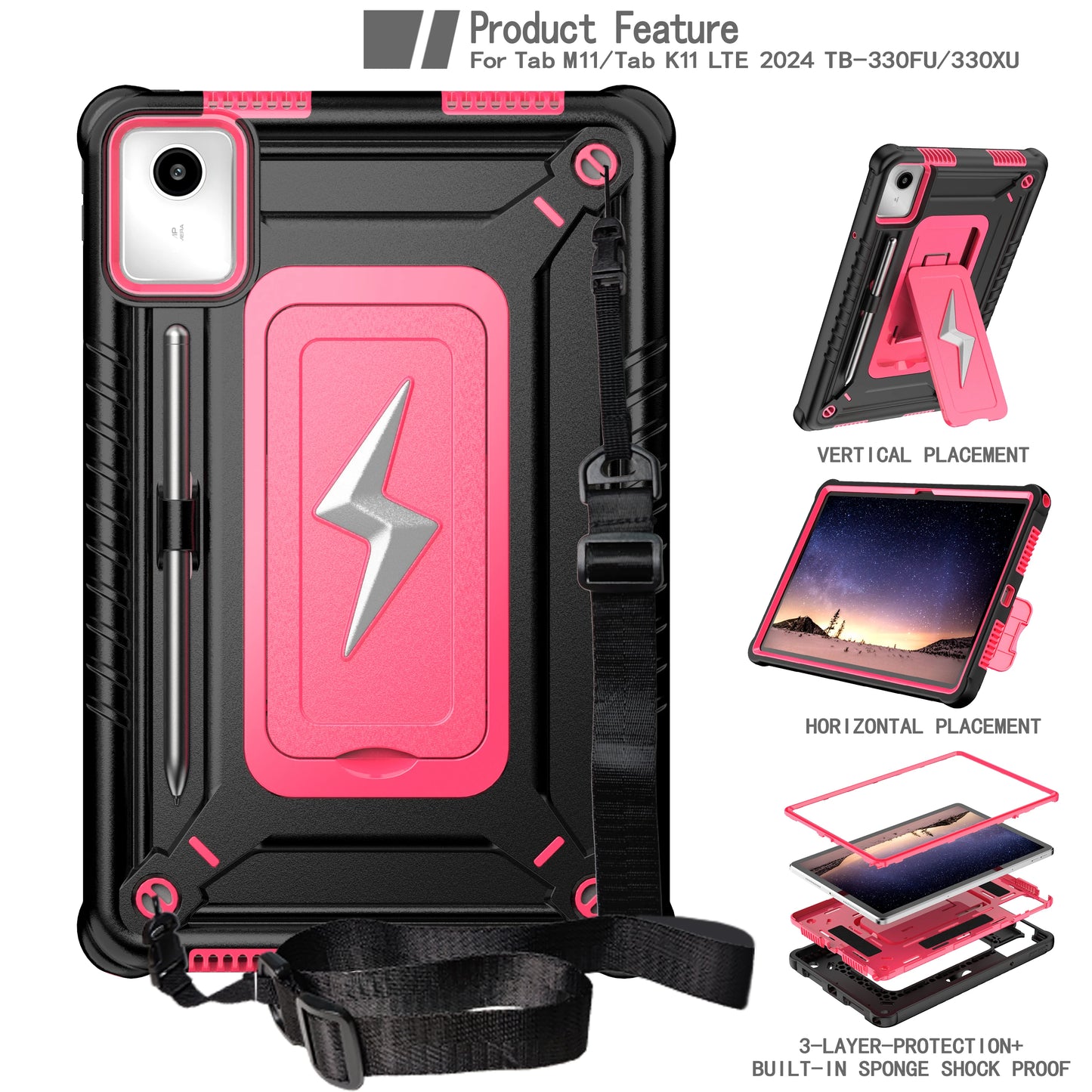 For Lenovo Tab M11 Xiaoxin Pad 2024 11" TB331FC 330FU  Kids Shockproof Tablet Protector Case  With Shoulder Strap and Kickstand