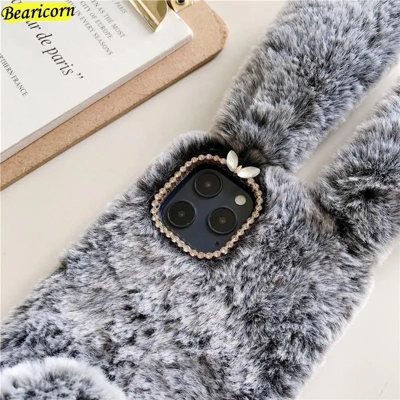 Premium 3D Furry Plush iPhone Case - Soft Rabbit Bunny Fur Cover