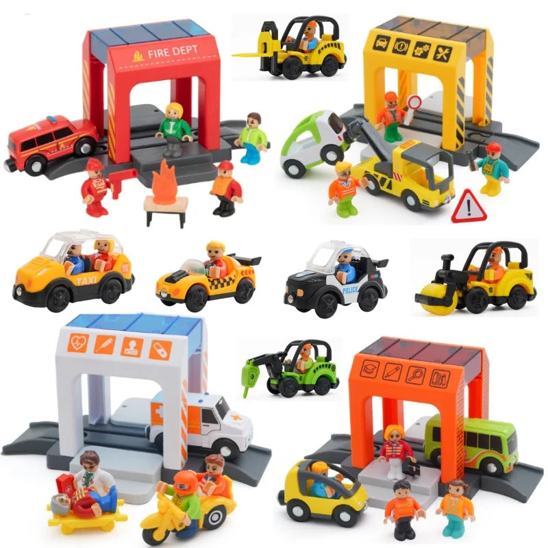 Wooden Train Track Plastic car wash Police Office Fire Department Scene Simulation Play Wooden Railway Track Car toys