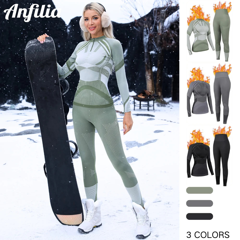 Anfilia Women Ski Thermal Underwear Sets Moisture-wicking Tight Zipper Crew Neck Seamless knitted Base Layer Long Johns For Home