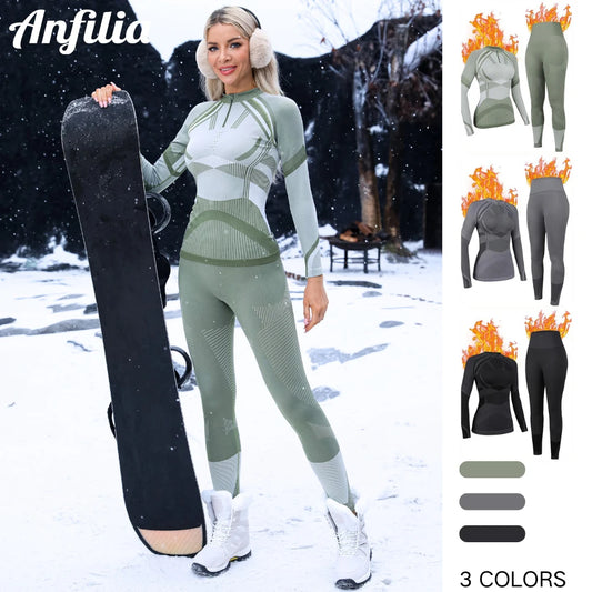 Anfilia Women Ski Thermal Underwear Sets Moisture-wicking Tight Zipper Crew Neck Seamless knitted Base Layer Long Johns For Home