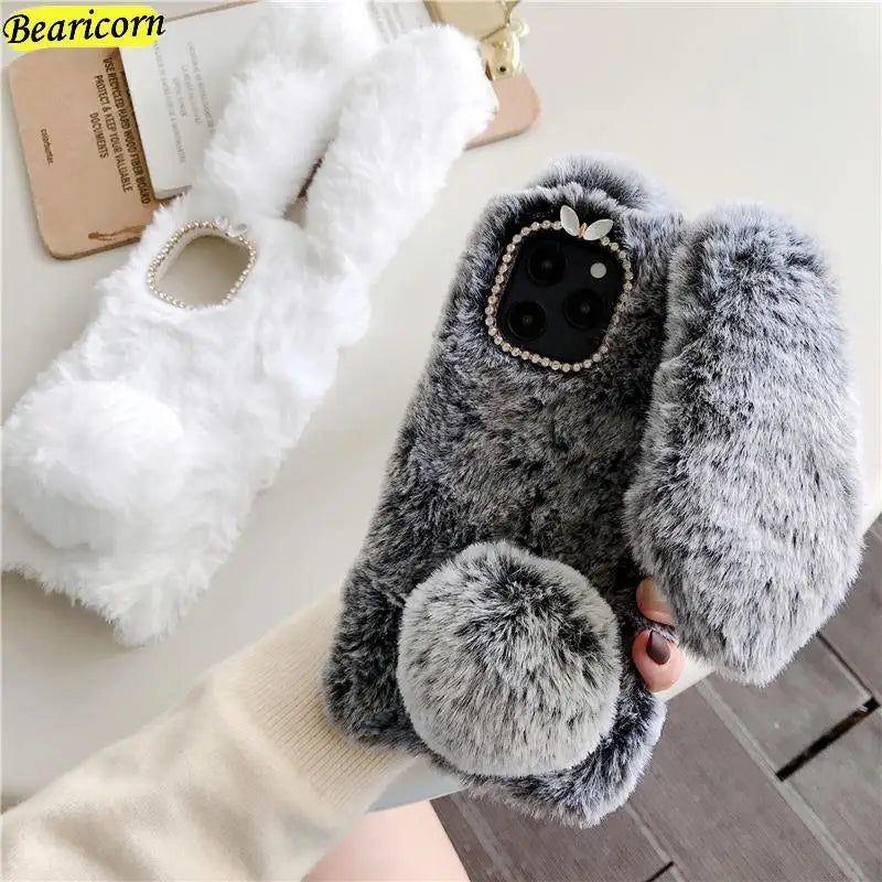 Premium 3D Furry Plush iPhone Case - Soft Rabbit Bunny Fur Cover