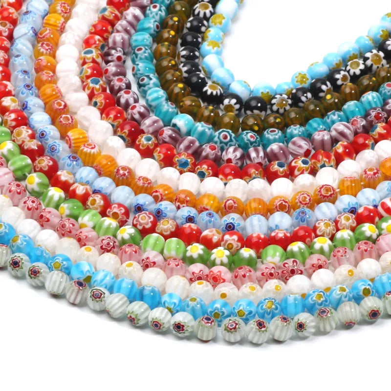 46pcs 8mm Murano Lampwork Flower Round Glazed Glass Beads For Jewelry Making Diy Bracelet Necklace Handmade Crafts Accessories