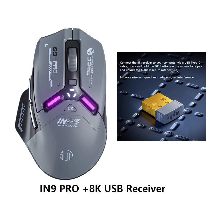 Inphic IN9 PRO PAW3395 RGB Gaming Mouse Rechargeable 26000DPI Support Wired/Bluetooth/2.4G Wireless Mouse