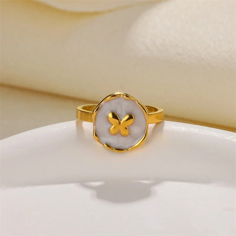 EILIECK 316L Stainless Steel Enamel Starfish Shells Open Adjustable Ring for Women Waterproof Chic Beach Summer Ring Jewelry