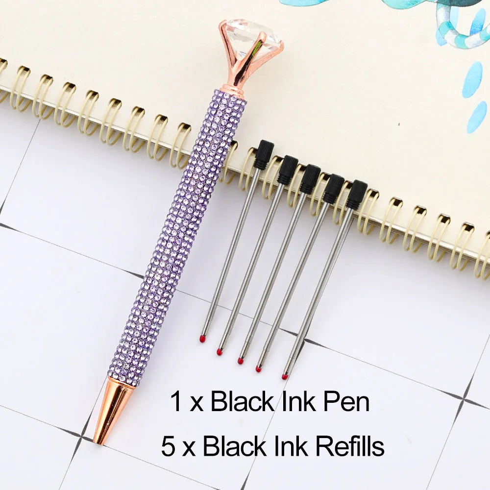 Lytwtw's Luxury Gold Ballpoint Pen Big Diamond Wedding Rose,Metal Stationery School Supplies  1 PCS Pen +5 PCS Refills