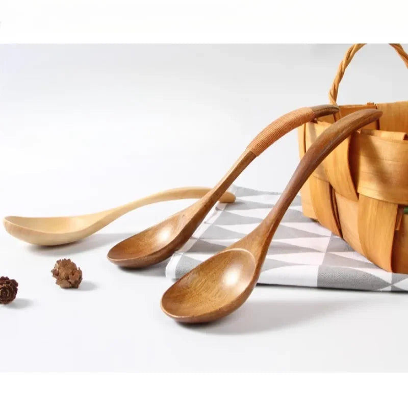 Wooden Spoon Set Japanese Style Long Handle Soup Spoon Wooden Tableware Restaurant Kitchen Tableware Accessories