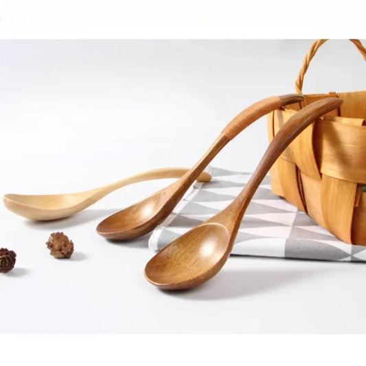 Wooden Spoon Set Japanese Style Long Handle Soup Spoon Wooden Tableware Restaurant Kitchen Tableware Accessories