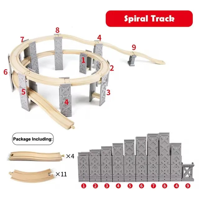 26pcs Wooden Train Tracks Accessories Wood Spiral Tracks with Plastic Bridge Piers Wood Track Toys for Children Gifts