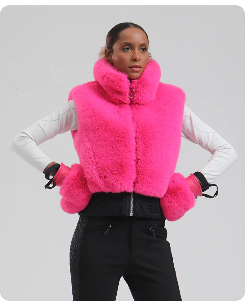 GSOU SNOW Women Fuzzy Faux Fur Vest coat ski Jacket Sleeveless Zip Shaggy Waistcoat Winter Daily Warm Outdoor Sport