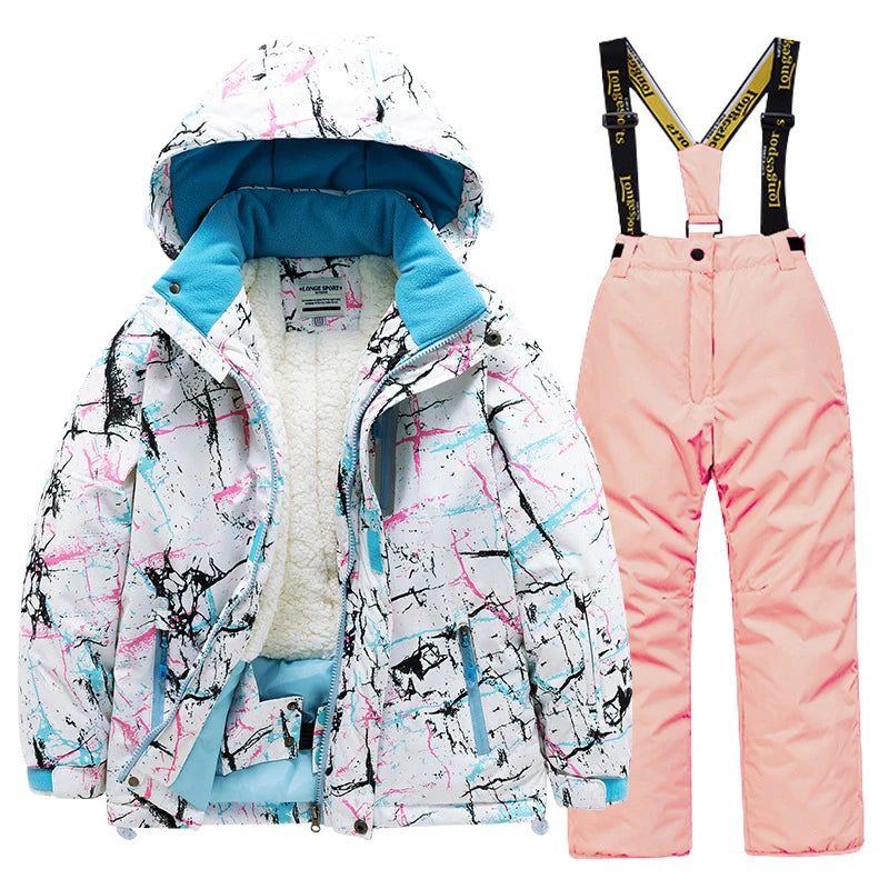 Children's skiing suit for boys and girls, thick, warm, waterproof, windproof outdoor skiing clothes and pants, all equipped