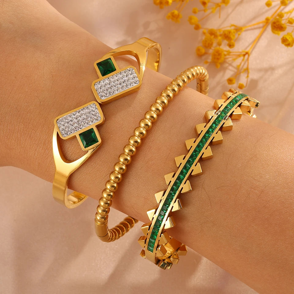 Yupsk 3Pcs/Set 316L Stainless Steel Green Zircon Inlaid Bracelets for Women Fashion Versatile Jewelry for Every Occasions