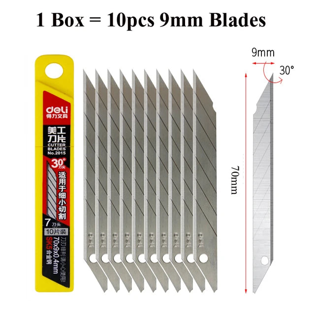 Deli Retractable Box Cutter 9mm 30 Degree Blade Utility Knife Carbon Steel Self-Locking Design Cutting Tools Wallpaper Carton