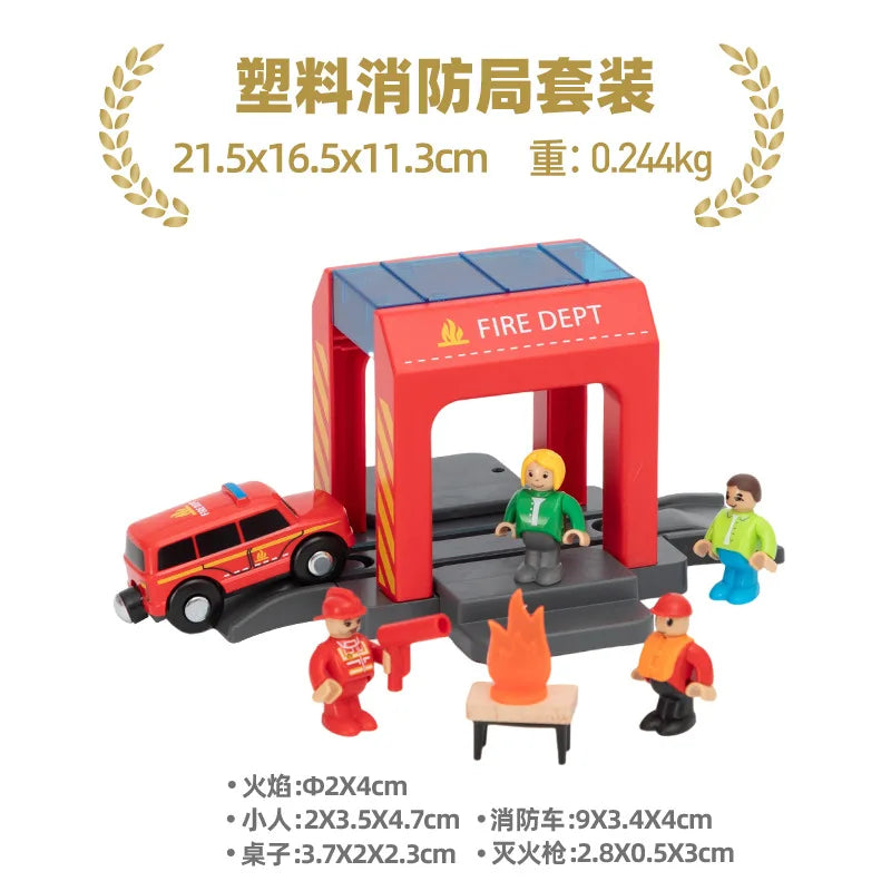 Wooden Train Track Plastic car wash Police Office Fire Department Scene Simulation Play Wooden Railway Track Car toys