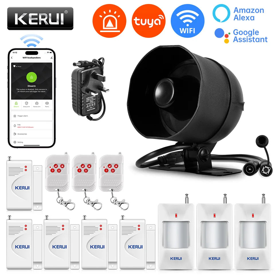 KERUI 120db Siren Alarm System WiFi Tuya Smart Speaker Alarm Kit with Motion Sensor Door Sensor for Home Security Protection