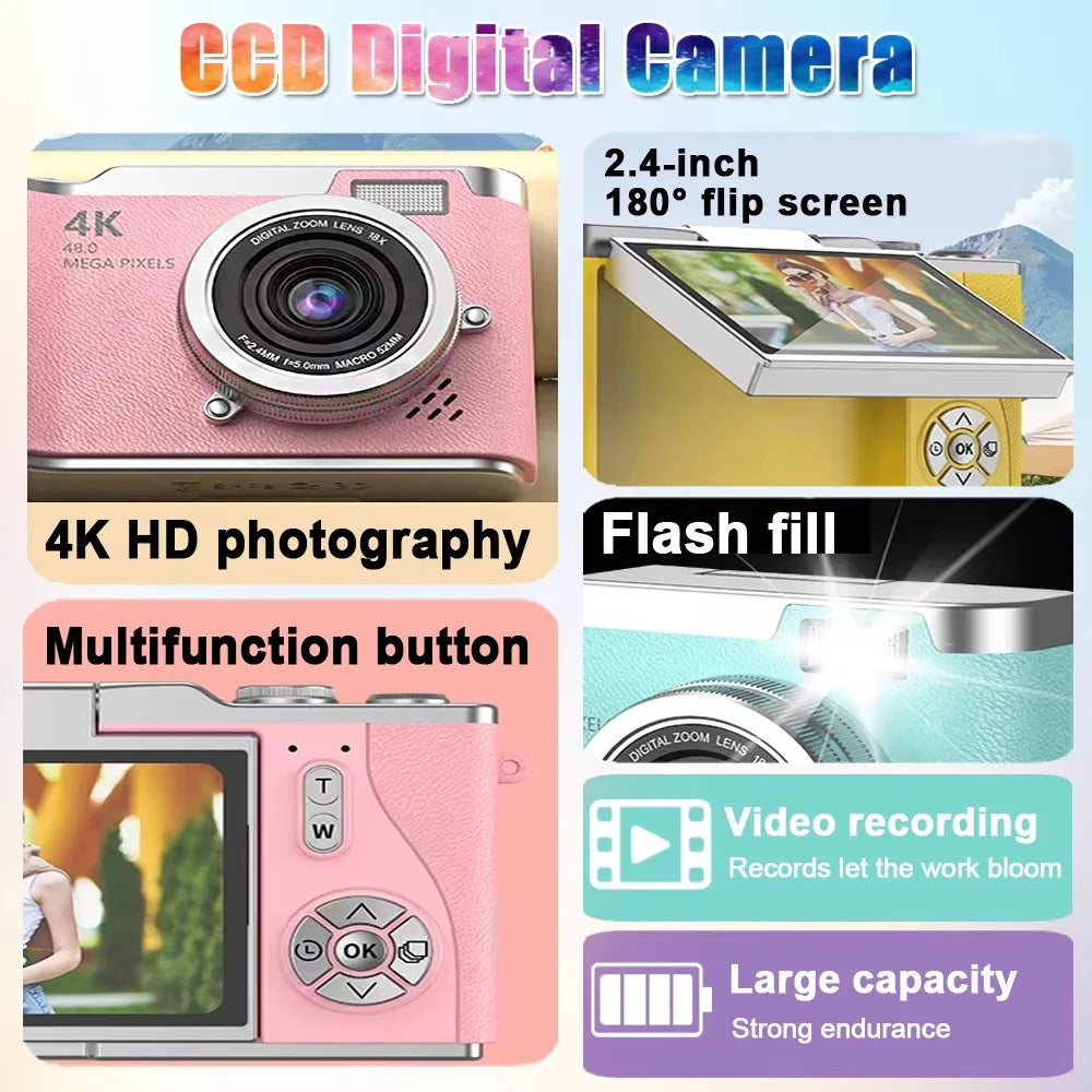 NEW 4K CCD 8X Digital Zoom Digital Camera for Student 48MP Compact Digital Photography Camera 180 Flip Screen Selfile Camera