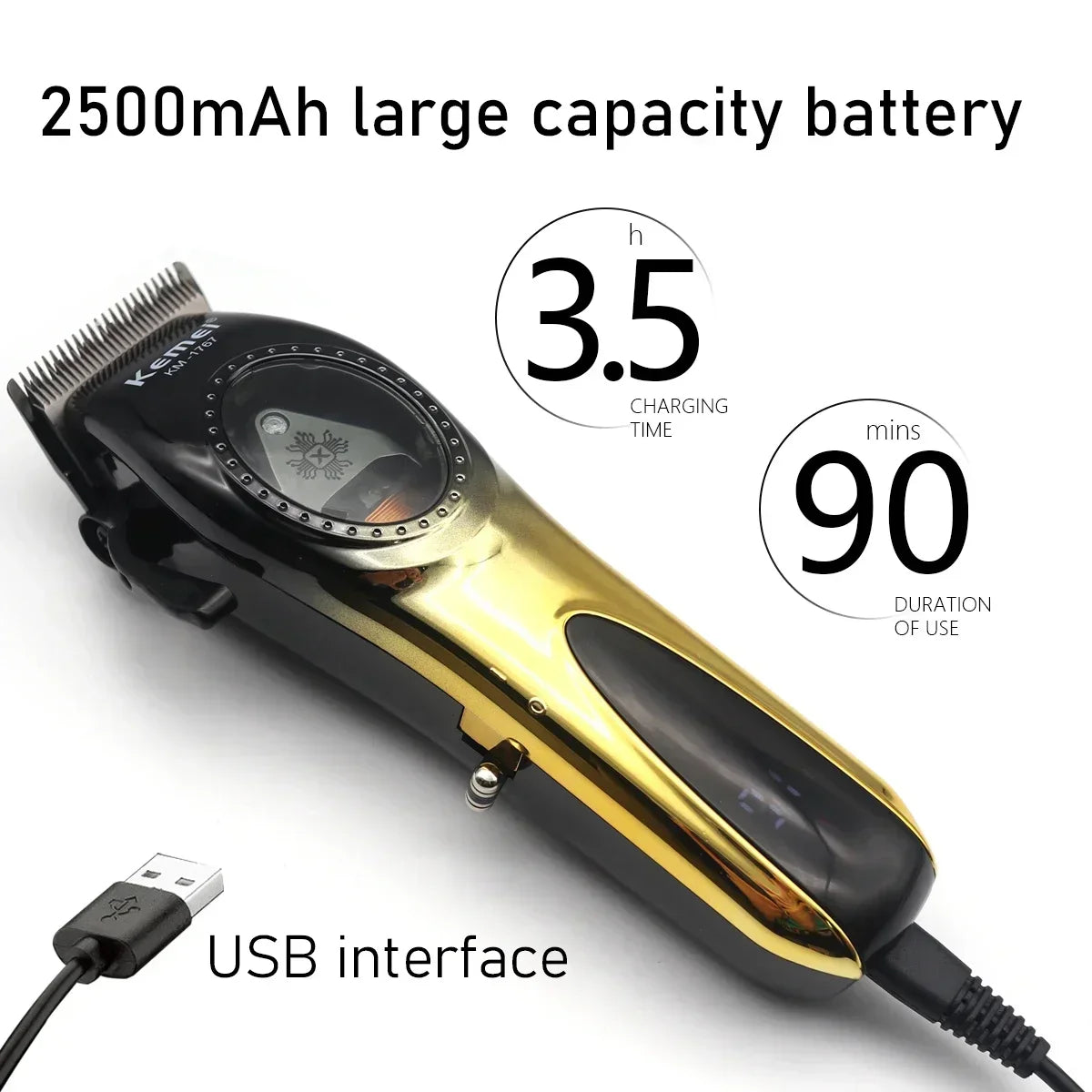 Kemei KM-1767 Magnetic Motor Professiona Men's Hair Clipper Ceramic DLC Blade Haircut Machine LCD Display Hair Trimmer 9000RPM