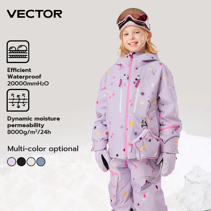 VECTOR Boys Girls Children's Skiing with Fleece Jacket Ski Pants Waterproof Splash Proof Breathable Double Board Skiing