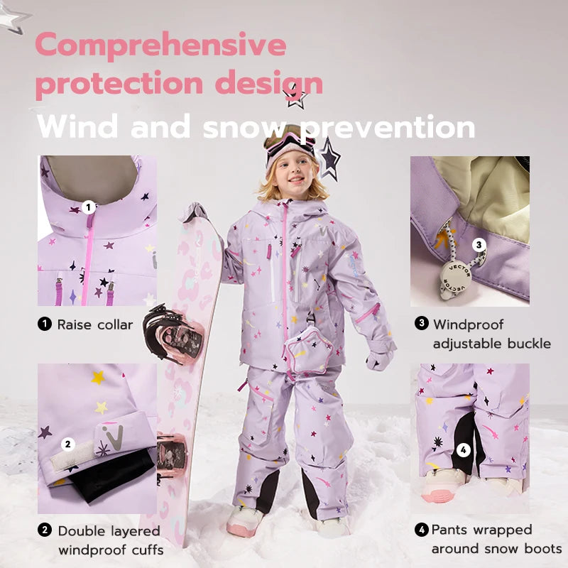 VECTOR Boys Girls Children's Skiing with Fleece Jacket Ski Pants Waterproof Splash Proof Breathable Double Board Skiing