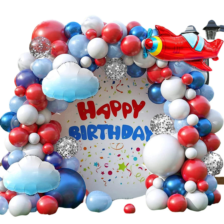 Red, White, and Blue Balloon Arch Set, 117 Pieces, Blue, Red, and White Balloons, White Cloud Airplane Foil Balloon Arch Kit, with Pearl Blue and Red Blue Sequin Latex Balloons, Suitable for Blue Sky and White Clouds Theme Bi