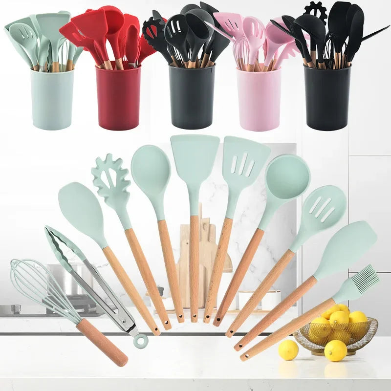 12-Piece Wooden Handle Silicone Kitchen Utensil Set - Non-Stick Cooking Tools