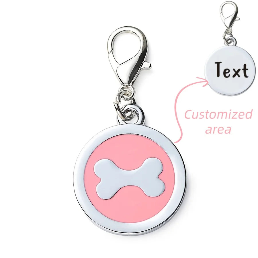 1pc Pink Personalized Customized Dog Bones Silver Round Shaped Pet ID Tag, Back Can Be Engraved With Pet Name