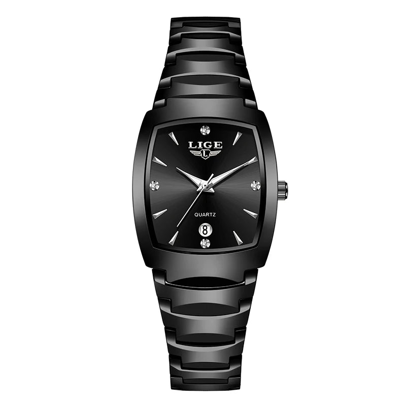 LIGE Women's Fashion Square Watches Gold Alloy Strap Luxury Ladies Quartz Wristwatches Female Diamond Scale Clock+Gift Box