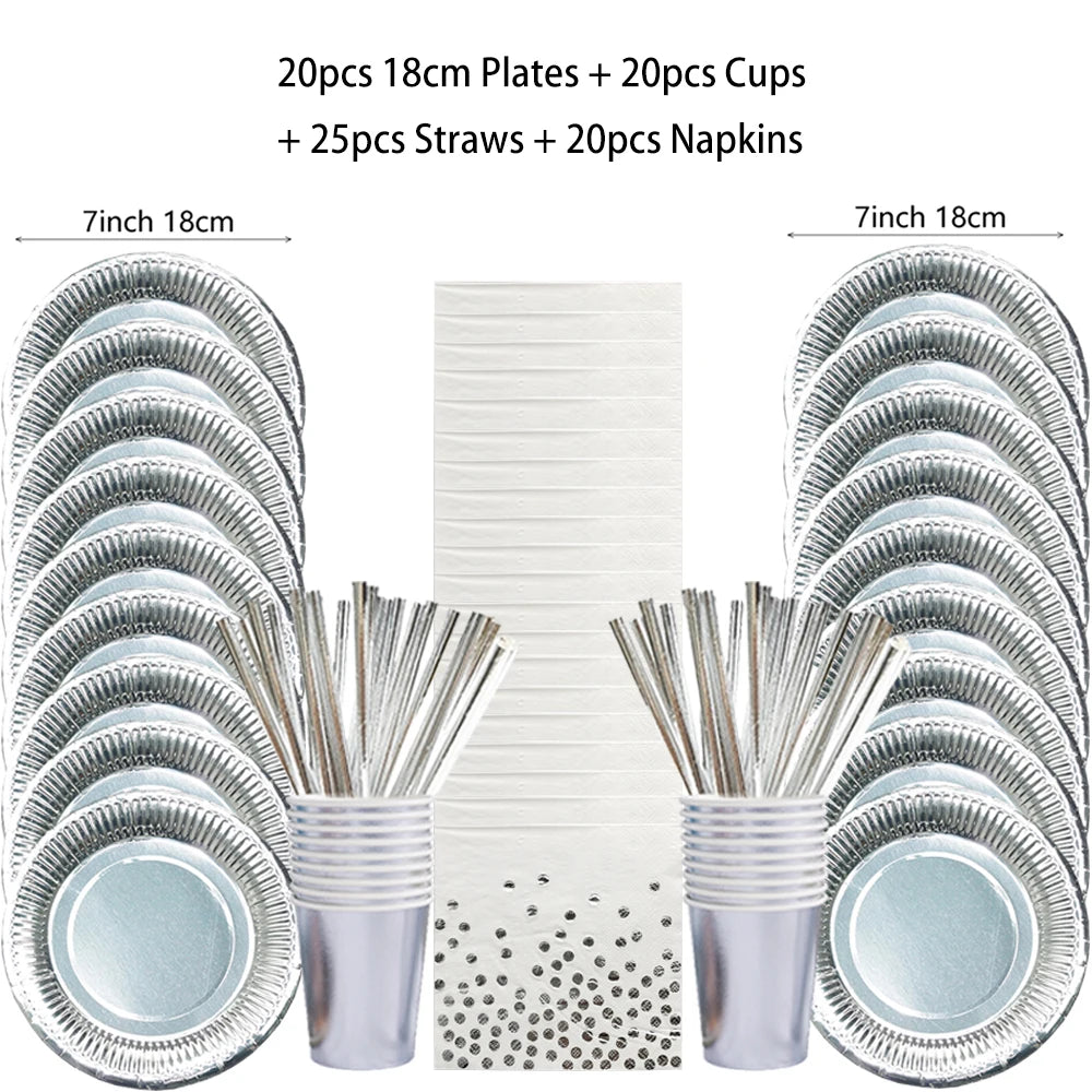 Laser Disposable Tableware Sets Silver Party Paper Cups Paper Plates Straw Party Tableware Wedding Decor Birthday Party Supplies