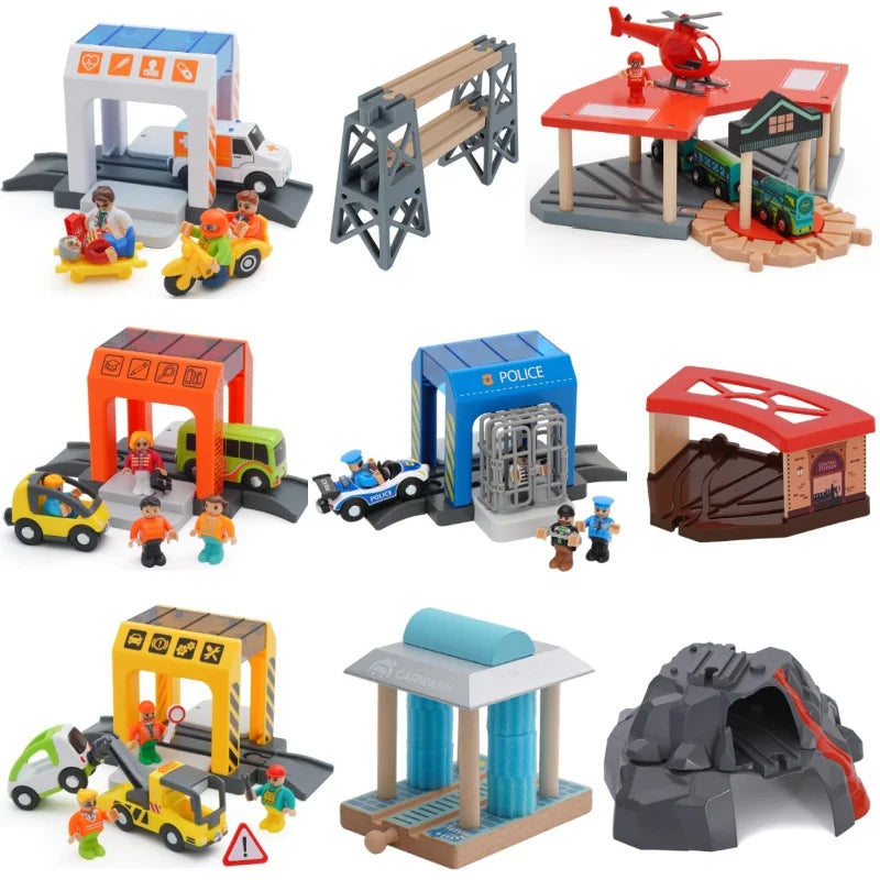 Wooden Track Railway Accessories Bridge Train Station Tunnel Wood Track Educational set Toys Wood Railway Train Track toys