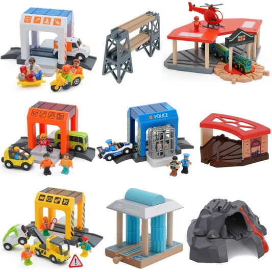Wooden Track Railway Accessories Bridge Train Station Tunnel Wood Track Educational set Toys Wood Railway Train Track toys