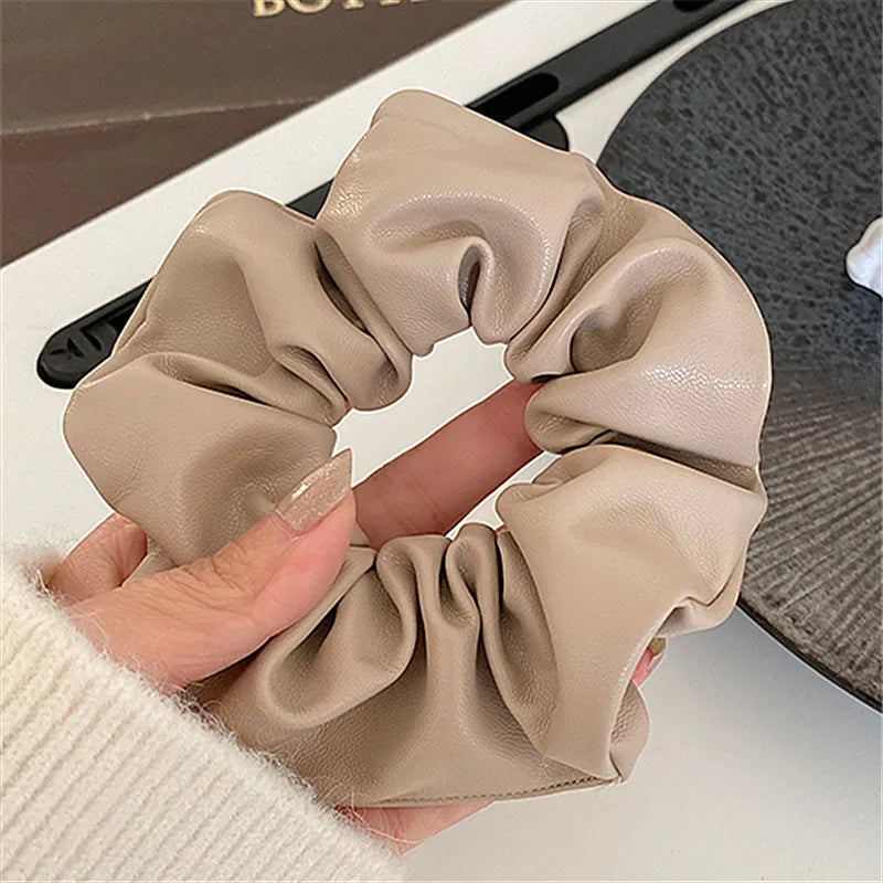 Solid color PU Leather Large Intestine Hair Rope for Woman elegant Does Not Hurt The Hair Hair Ties Fashion Girl High Ponytail S