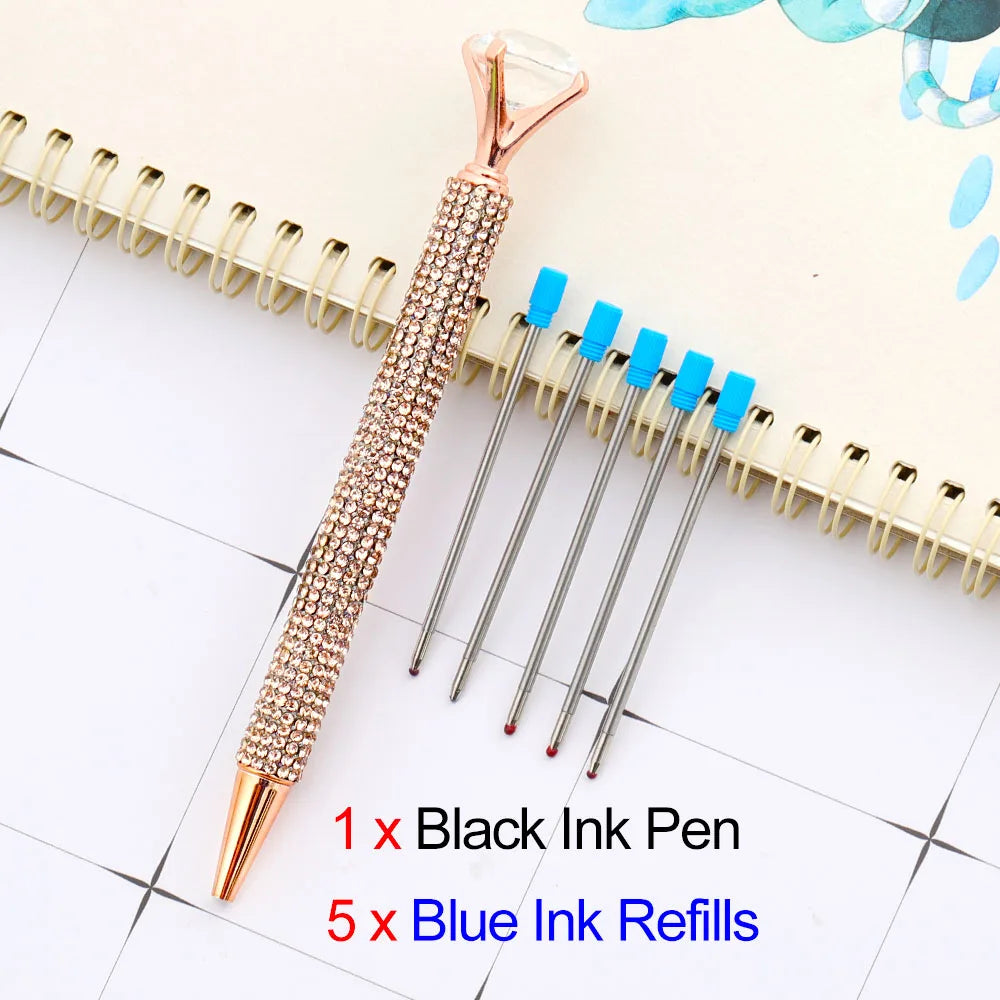 Lytwtw's Luxury Gold Ballpoint Pen Big Diamond Wedding Rose,Metal Stationery School Supplies  1 PCS Pen +5 PCS Refills