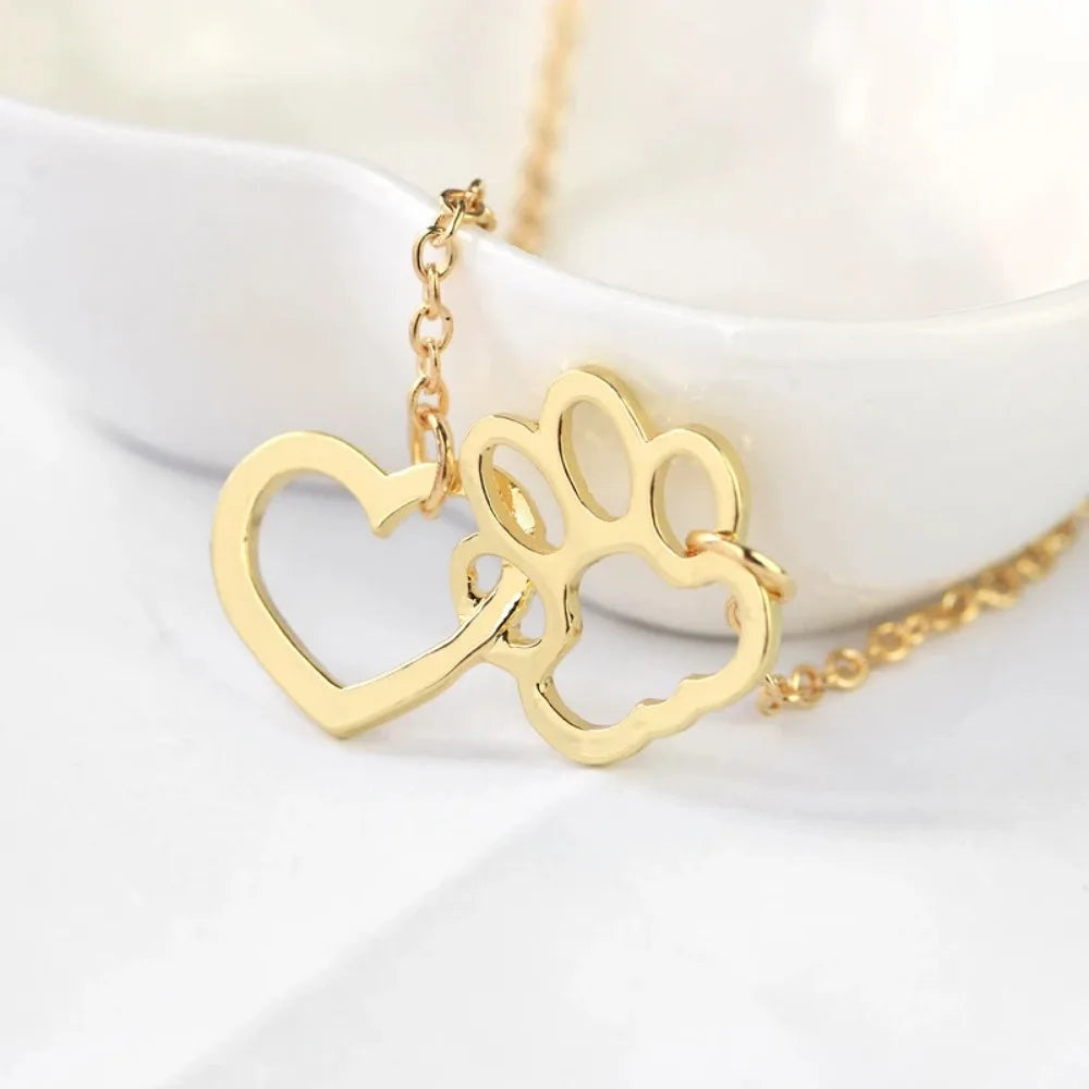 Pet Paw Footprint Heart Necklace - Sterling Silver Dog Cat Memorial Pendant