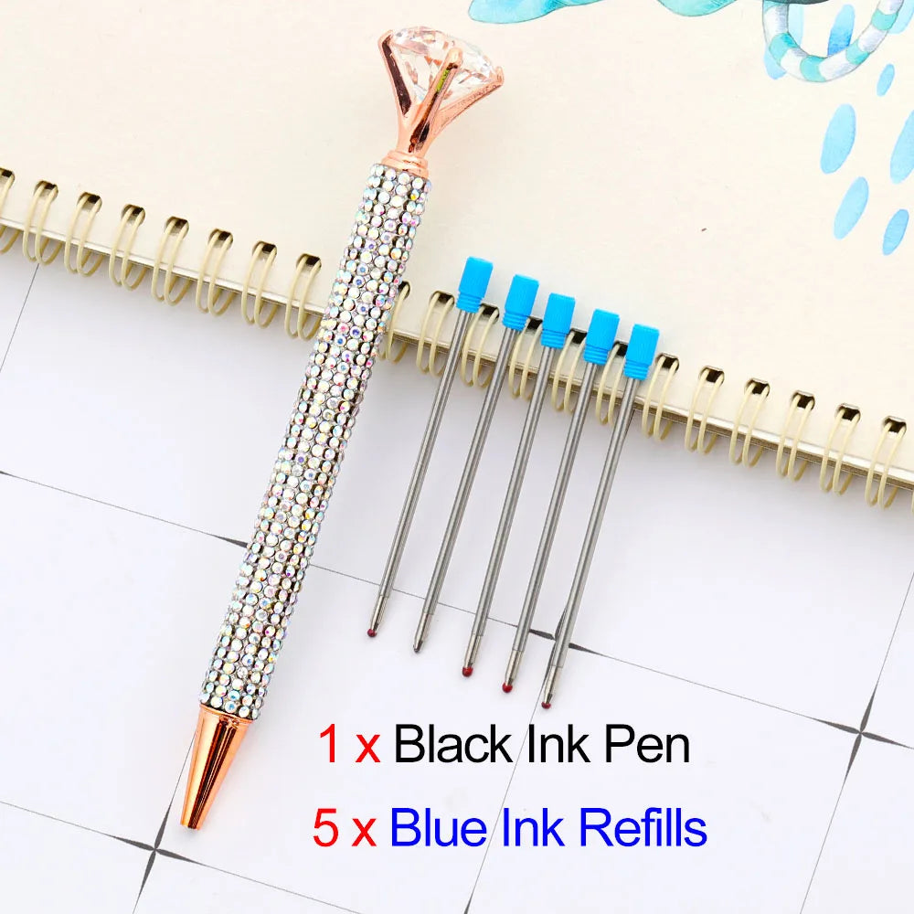 Lytwtw's Luxury Gold Ballpoint Pen Big Diamond Wedding Rose,Metal Stationery School Supplies  1 PCS Pen +5 PCS Refills